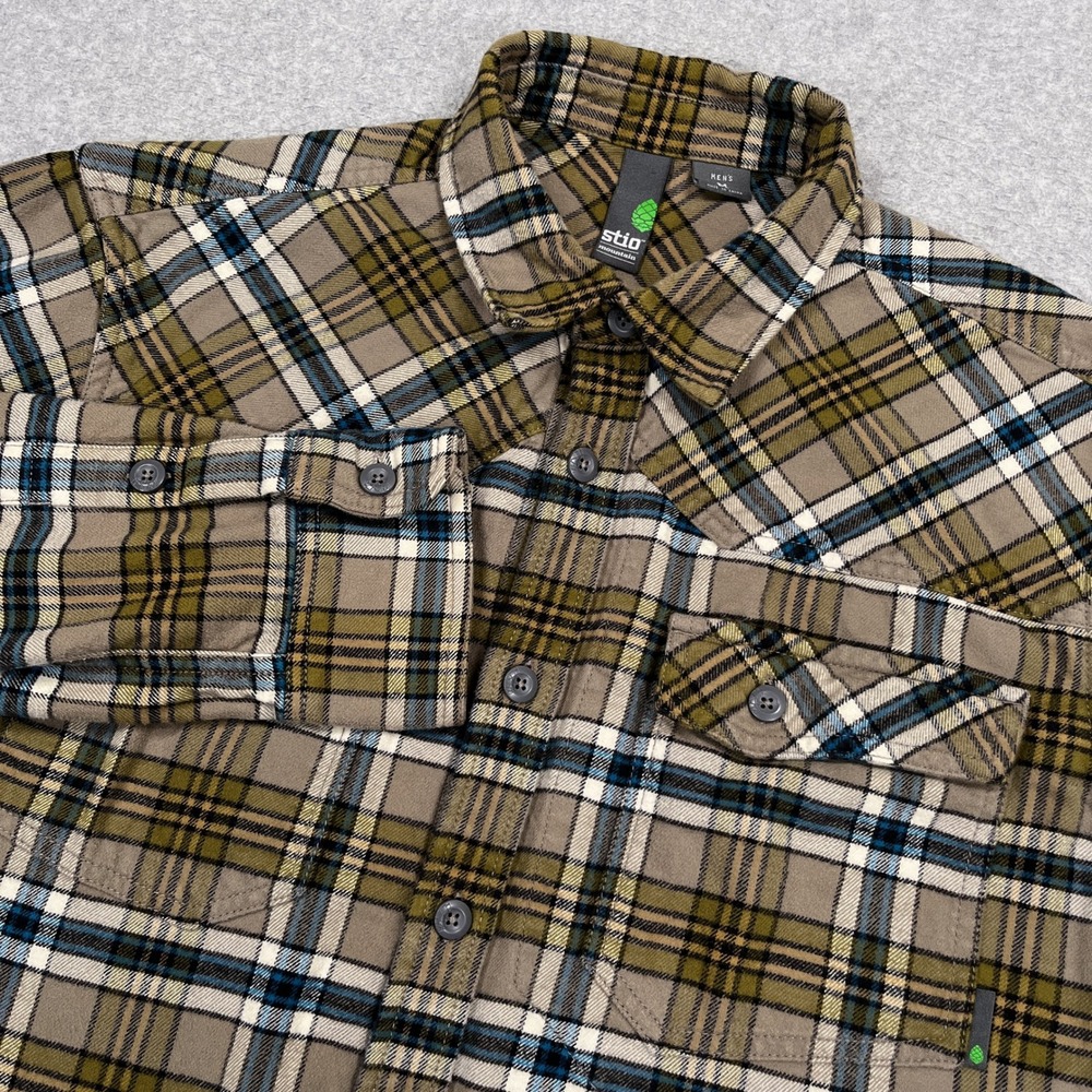 Stio Flannel Shirt Mens Medium Brown Plaid Button Up Long Sleeve Mountain Hiking